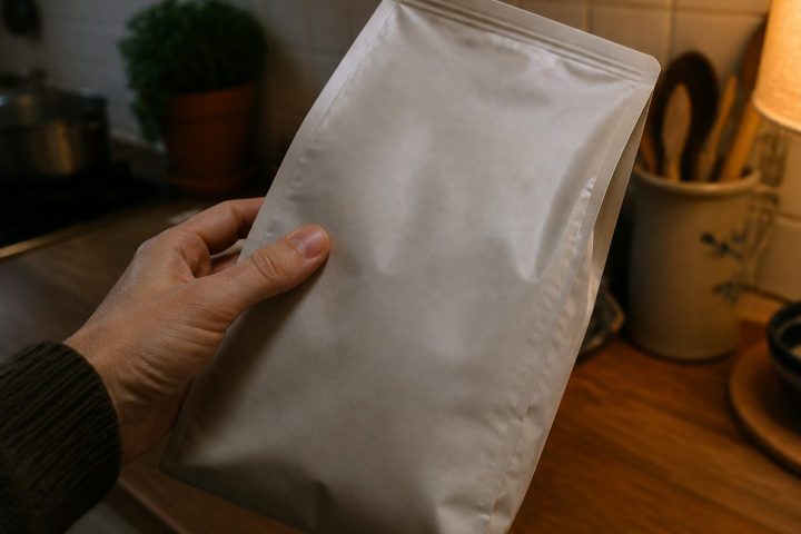 Een hand kantelt een voerzak om de kleine letters op de achterkant te lezen