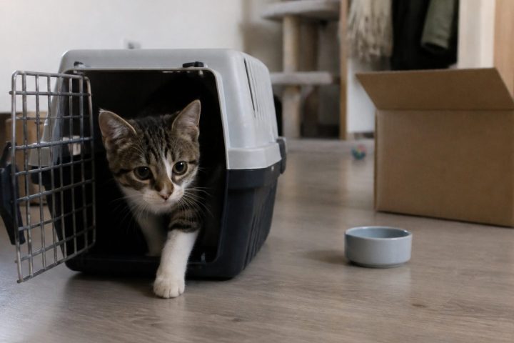 Een jonge kat stapt voorzichtig uit een open reismand in een lege kamer