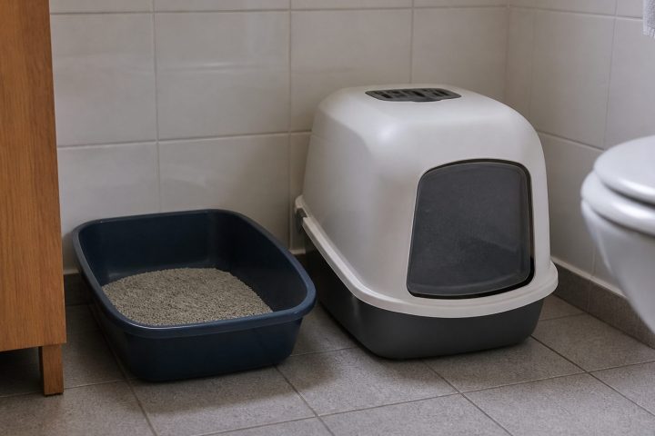 Een open en een overkapte kattenbak naast elkaar in een badkamerhoek