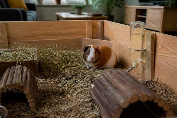 Een cavia in een ruim houten verblijf met hooi, tunnels en een drinkfles