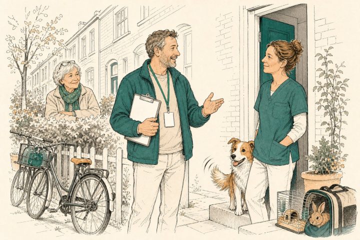 Controleur met klembord praat met een bewoonster in de deuropening, hond ernaast