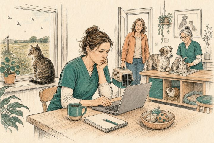 Vrouw ondertekent aan de keukentafel een petitie terwijl haar kat naar weidevogels kijkt