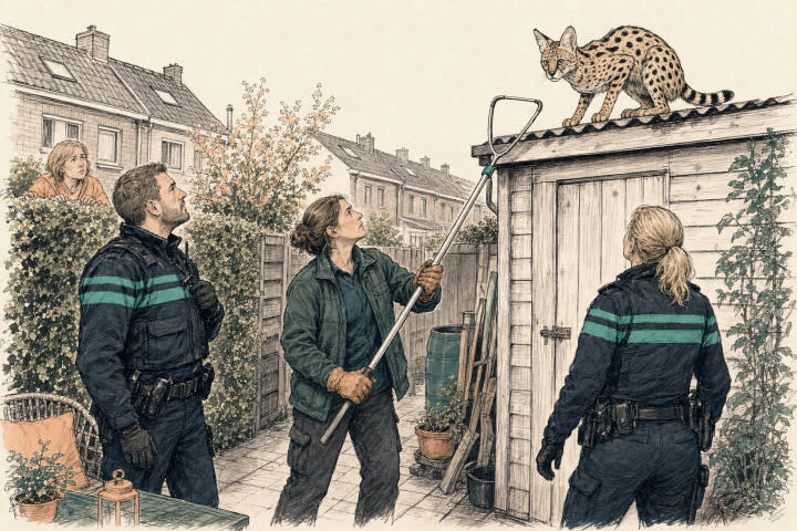 Politie en een specialist met vangstok in een achtertuin kijken naar een serval op een schuurdak