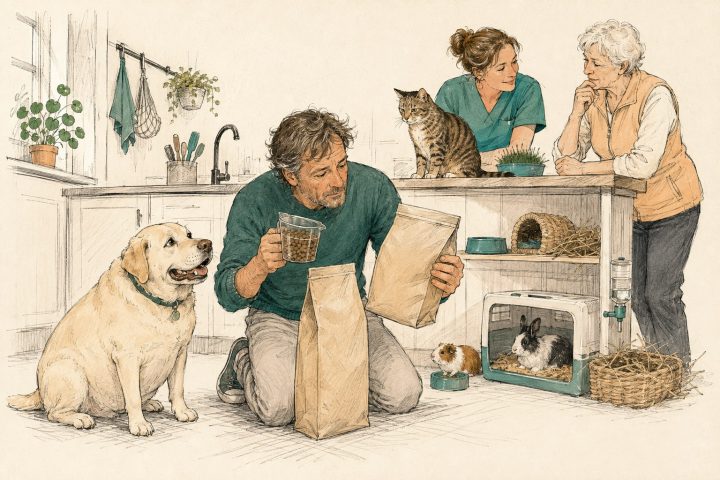 Baasje weegt hondenvoer af met een maatbeker in de keuken