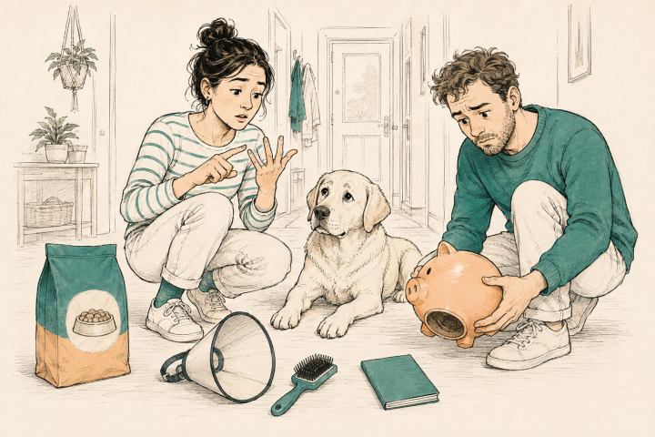 Stel in de gang bij een labrador, met voer, dierenartskraag, borstel, vaccinatieboekje en een lege spaarpot op de vloer