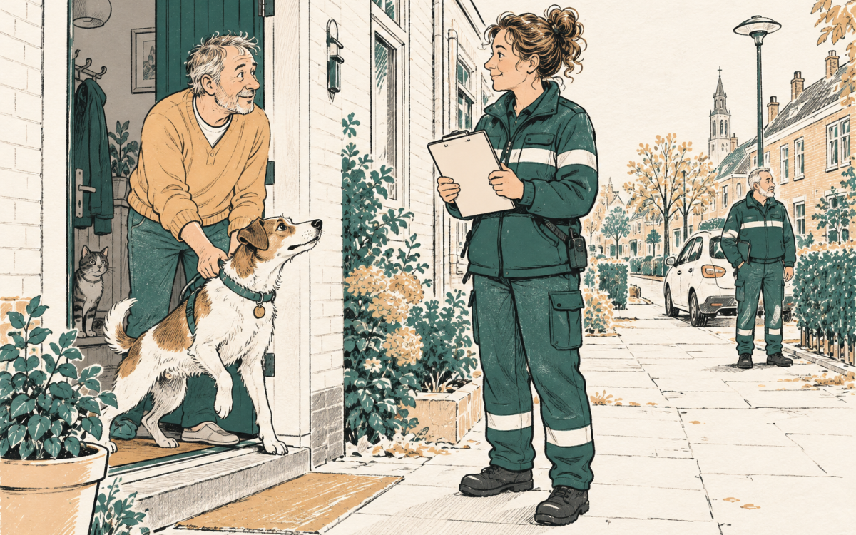 Illustratie van een gemeentelijke controleur met klembord aan de deur bij een bewoner met een hond